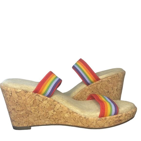 Apostrophe cork Wedge Sandals with Rainbow Elastic Straps Size 6M - Picture 5 of 10